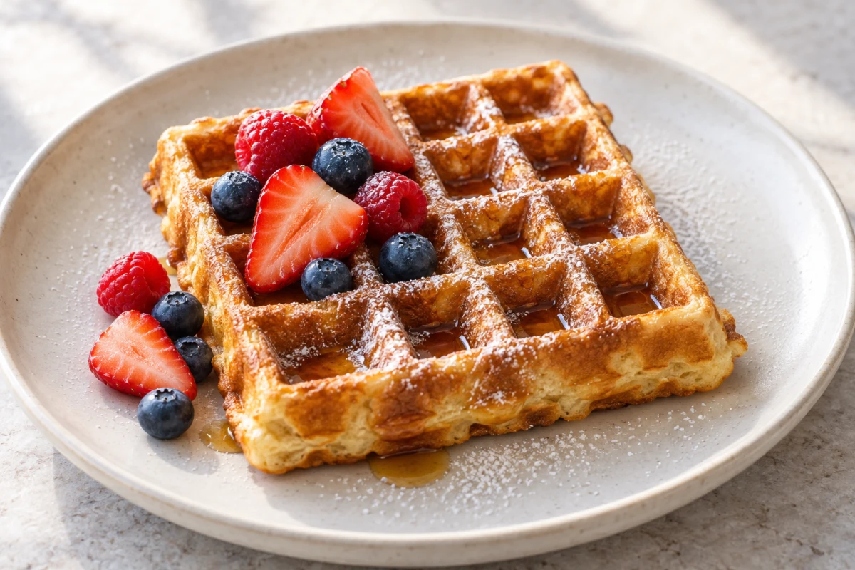 Große knusprige Buttermilch-Waffel mit frischen Beeren, Ahornsirup und wenig Puderzucker auf einem hellen Teller