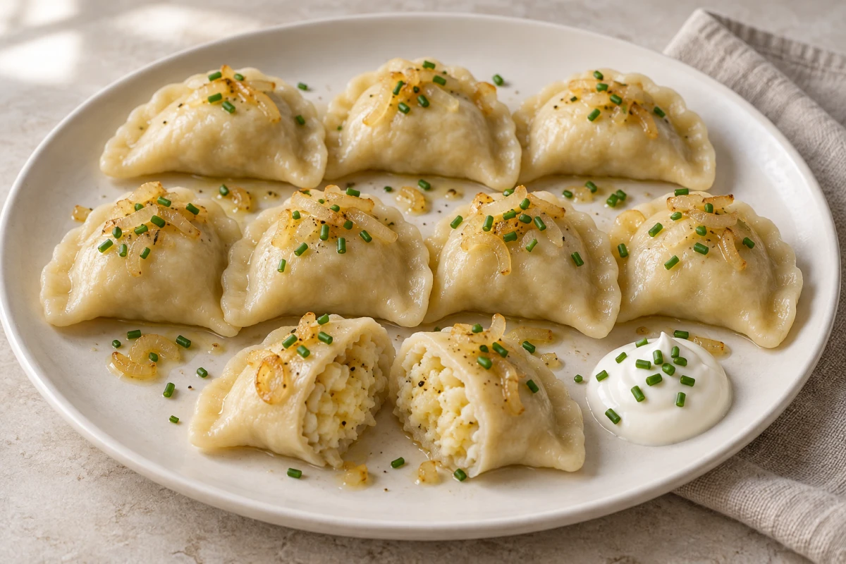 Acht gekochte polnische Pierogi mit Kartoffel-Quark-Füllung, goldenen Butterzwiebeln, Schmand und Schnittlauch