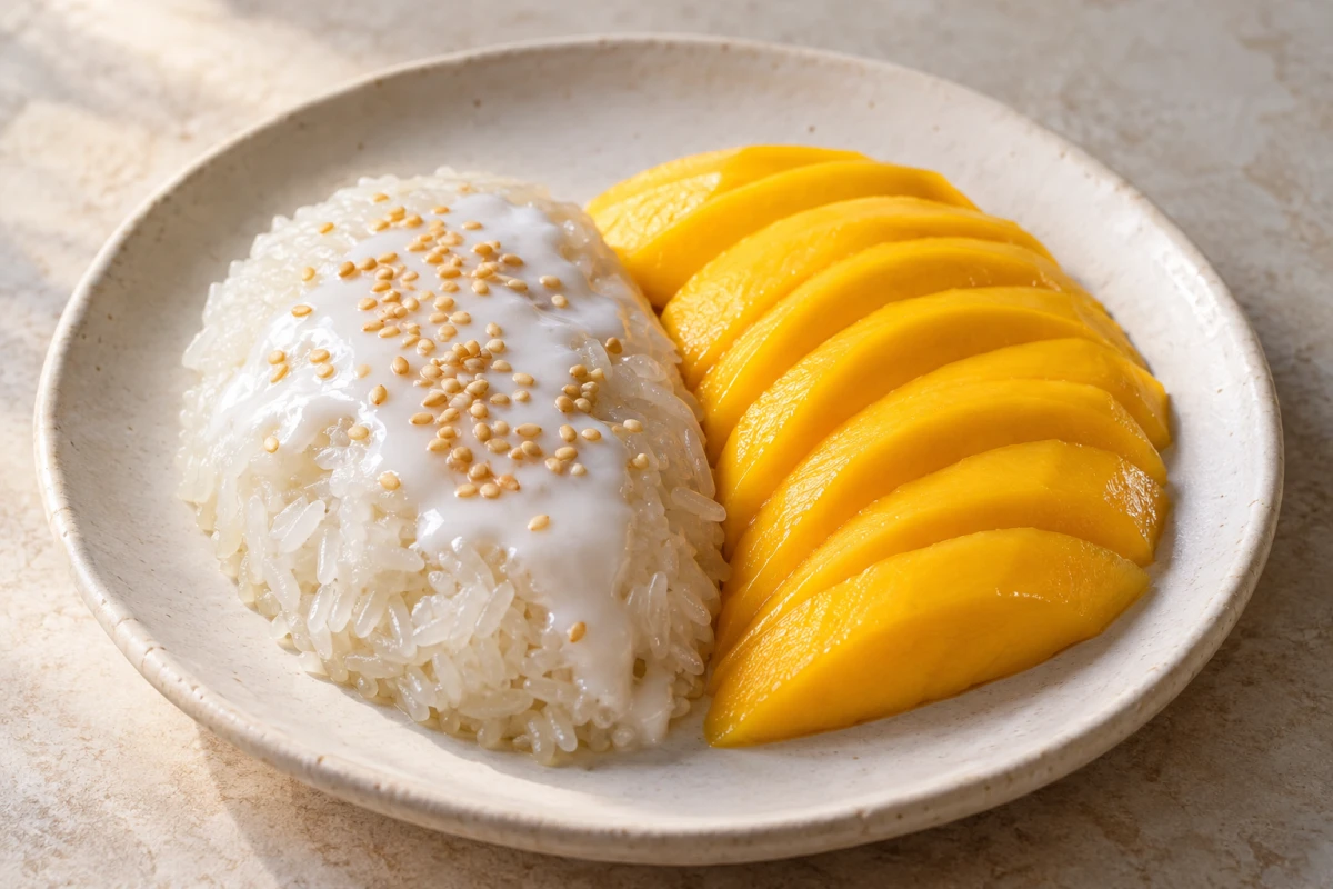 Thai Mango Sticky Rice mit glänzendem Kokos-Klebreis, fächerförmigen Mangoscheiben, Kokoscreme und geröstetem Sesam